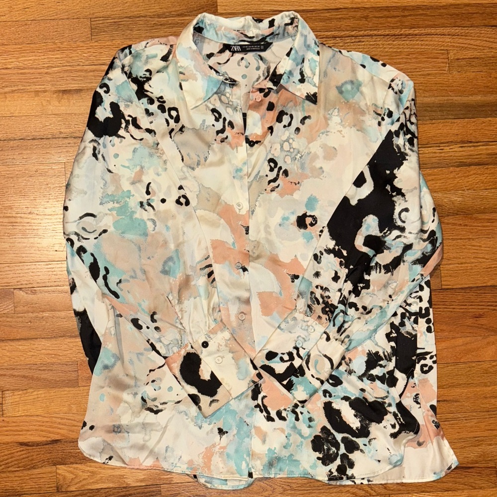 Patterned Shirt in Black, Blue, and Cream